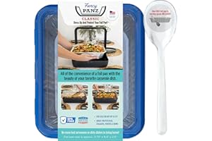 Fancy Panz Classic, Food Serving Tray, Made in the USA Foil Pan Carrier, Stackable Aluminum Pan Holders with Clear Lid, Travel Casserole Carrier With 1 Disposable Foil Pan & Serving Spoon, Denim Blue
