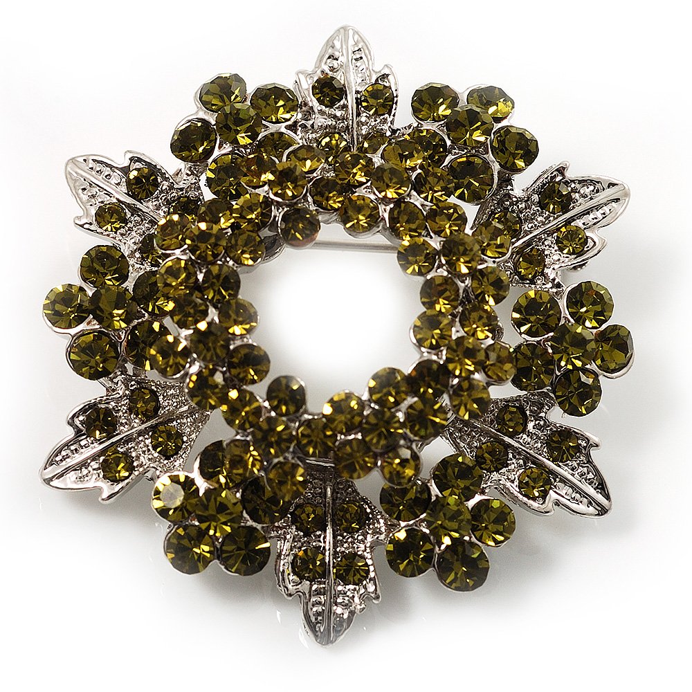 Olive Green Crystal Wreath Brooch