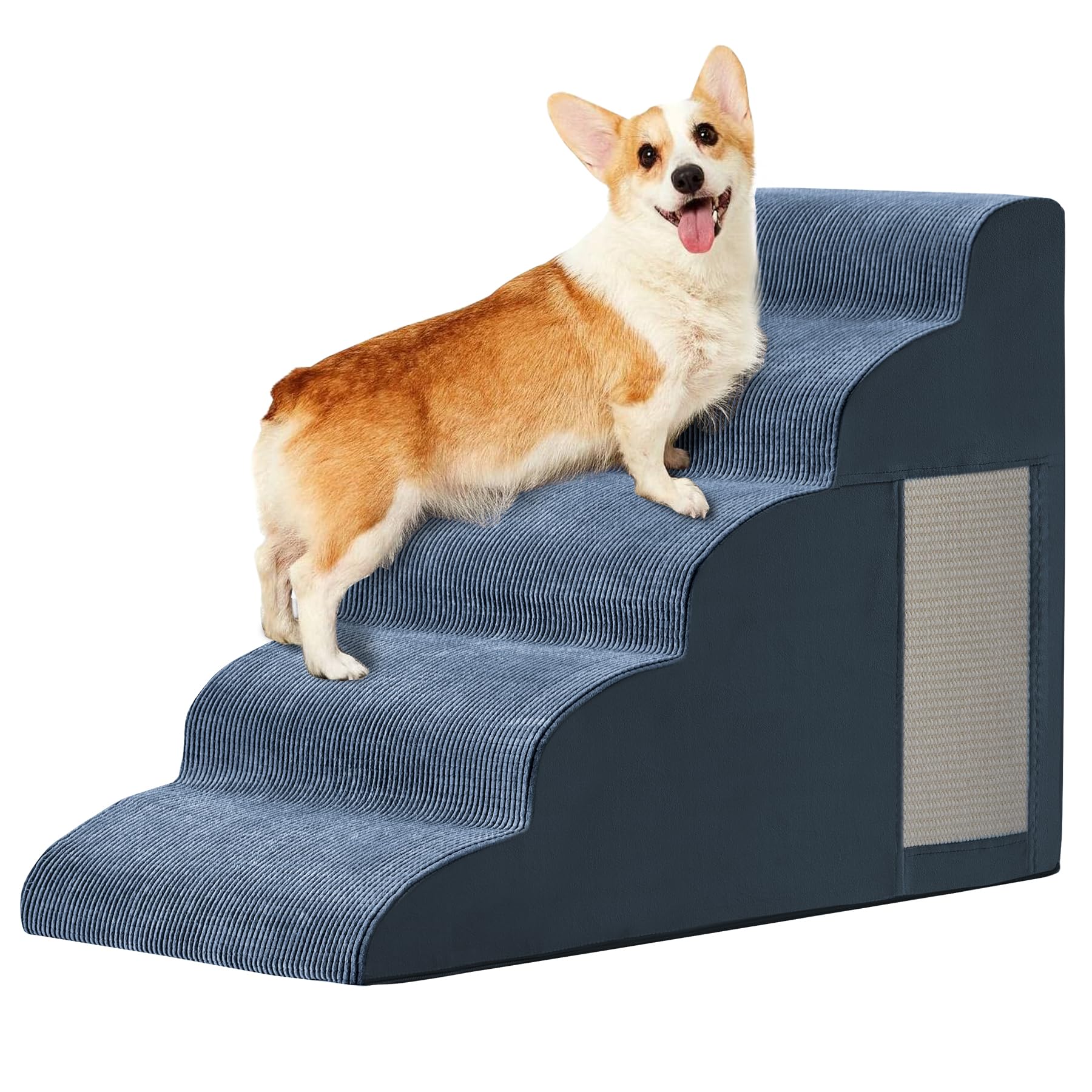 Pet Stairs, Dog Stairs for Small Dogs, Dogs Steps, 5-Step Curved Dog Ramp for Bed, Couch, Sofa, Car and Chairs, Non-Slip Bottom Design, Cat Scratching Board, High Density Foam Portable Pet Step, Navy Image
