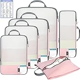 BAGAIL 6 Set Lightweight Compression Packing Cubes with Packing List, Anti-Tearing Expandable Organizer Bags for Travel, Pink