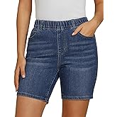 Vetinee Jean Shorts for Women Pull On Elastic Waist Mid Rise Trendy Summer Jorts Stretch Long Denim Shorts 7 Inch Inseam