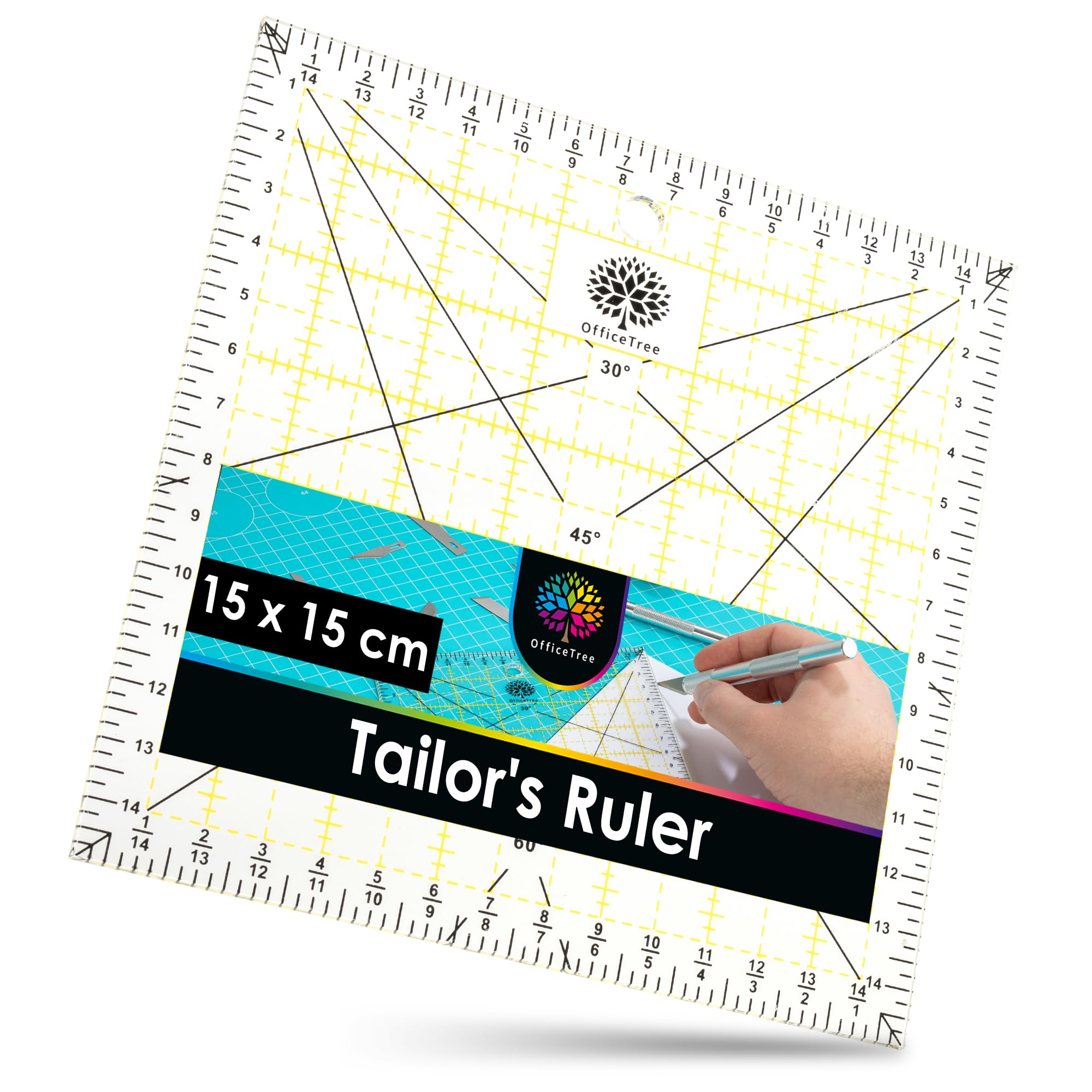 OfficeTree Quilting Ruler 15x15 cm - Transparent Square Ruler for Fabric & Patchwork - Quilting Squares - Fabric Ruler for Cutting with Rotary Cutter for Sewing & Tailoring