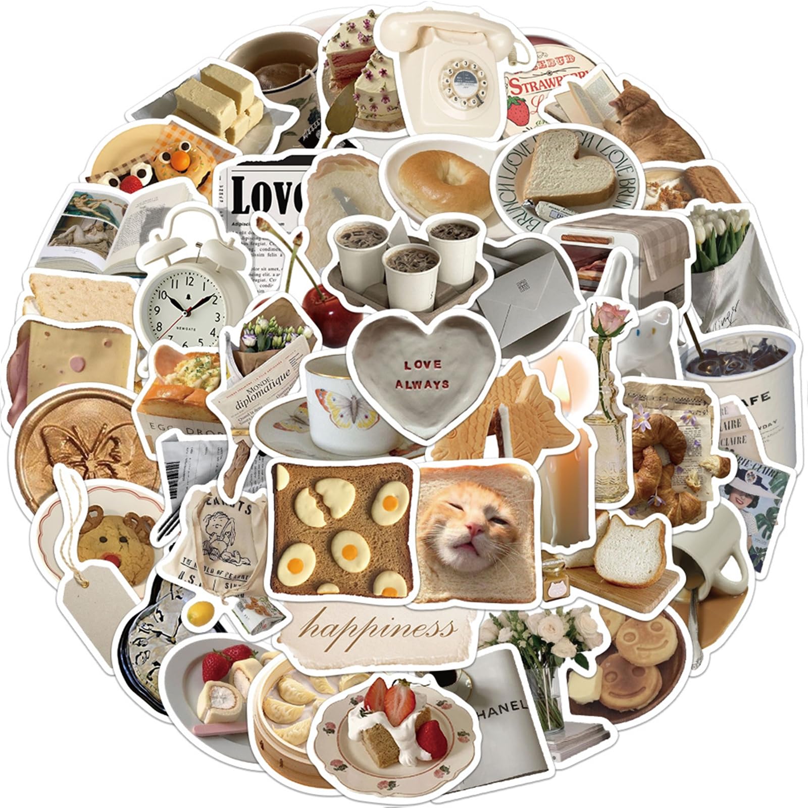 GGTTNRT 50Pcs Laptop Stickers Scrapbook Stickers, Stickers Aesthetic Personalized Cute Vintage Cheese Cat Sticker, for Computer Phone Journal Skateboard Cups, Adults Children (Khaki)