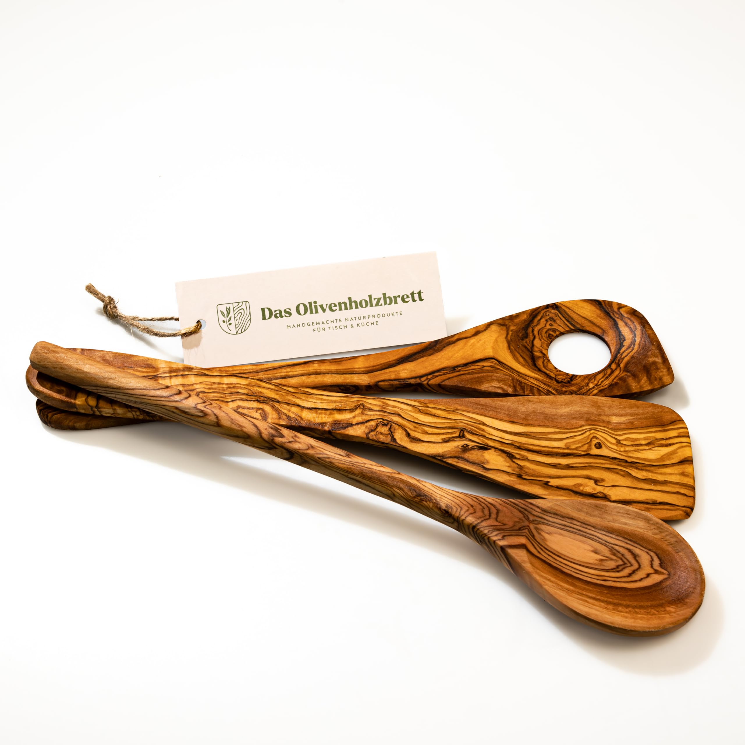 das Olivenholzbrett Set of 3 Olive Wood Spoons, 30 cm, Wooden Spoon, Kitchen Utensils