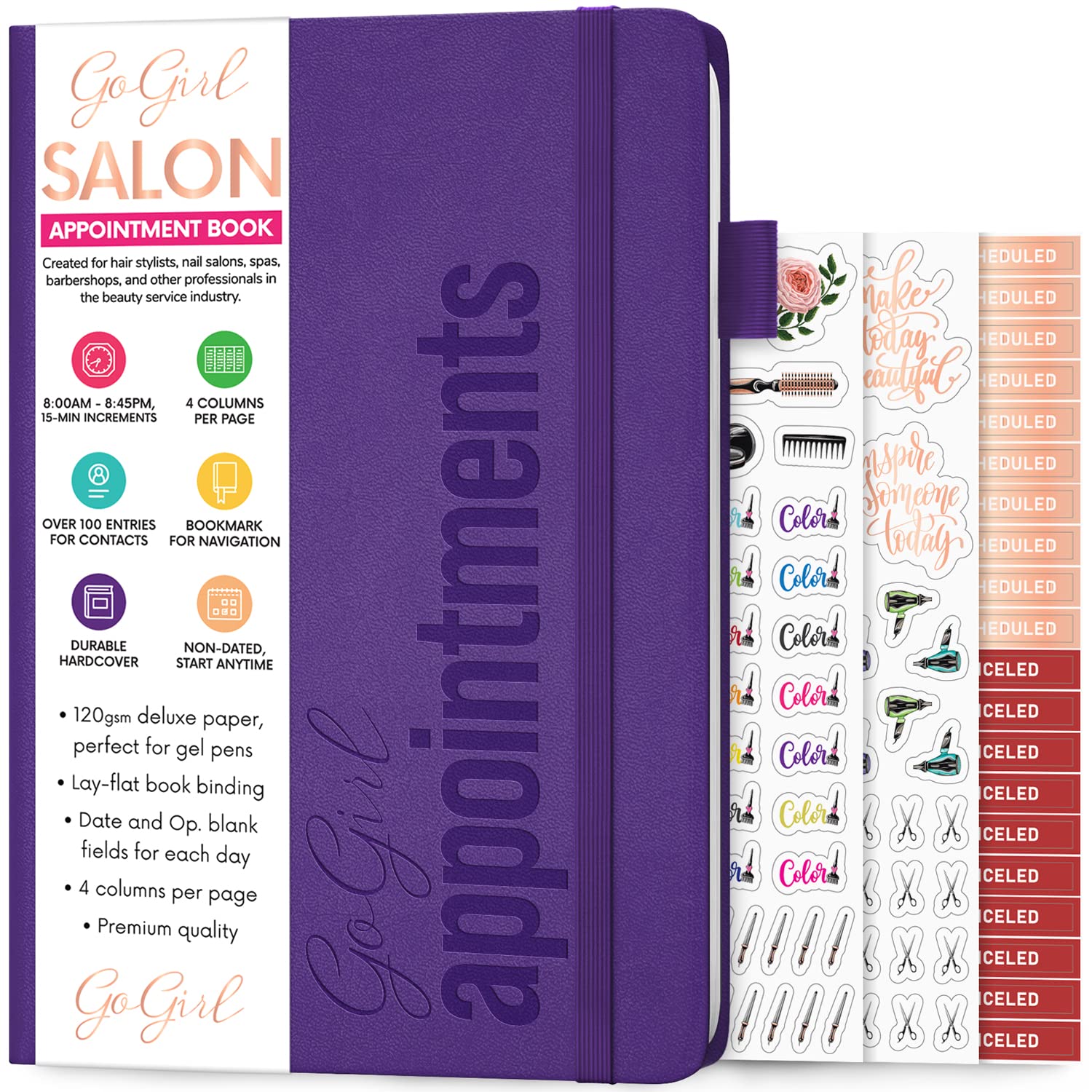 GoGirl Salon Appointment Book – Reservation Book for Beauty Salons, Spas, Hair Stylists, Estheticians – Appt Booking Planner, 18x25.5cm (Purple)