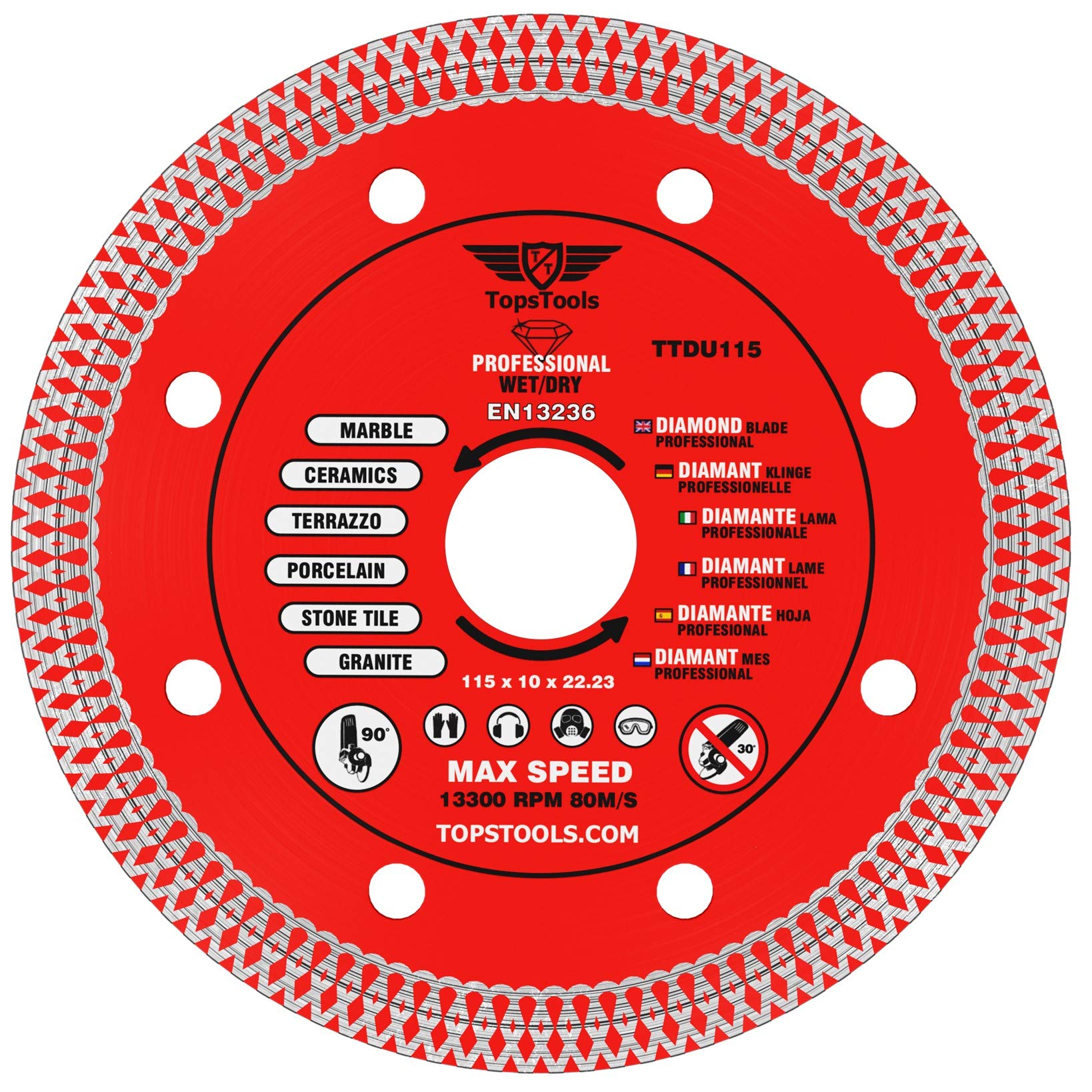 1 x TopsTools TTDU115 115mm (4 inch) x 10mm x 22.23mm Bore Mesh Turbo Diamond Angle Grinder Circular Saw Blade
