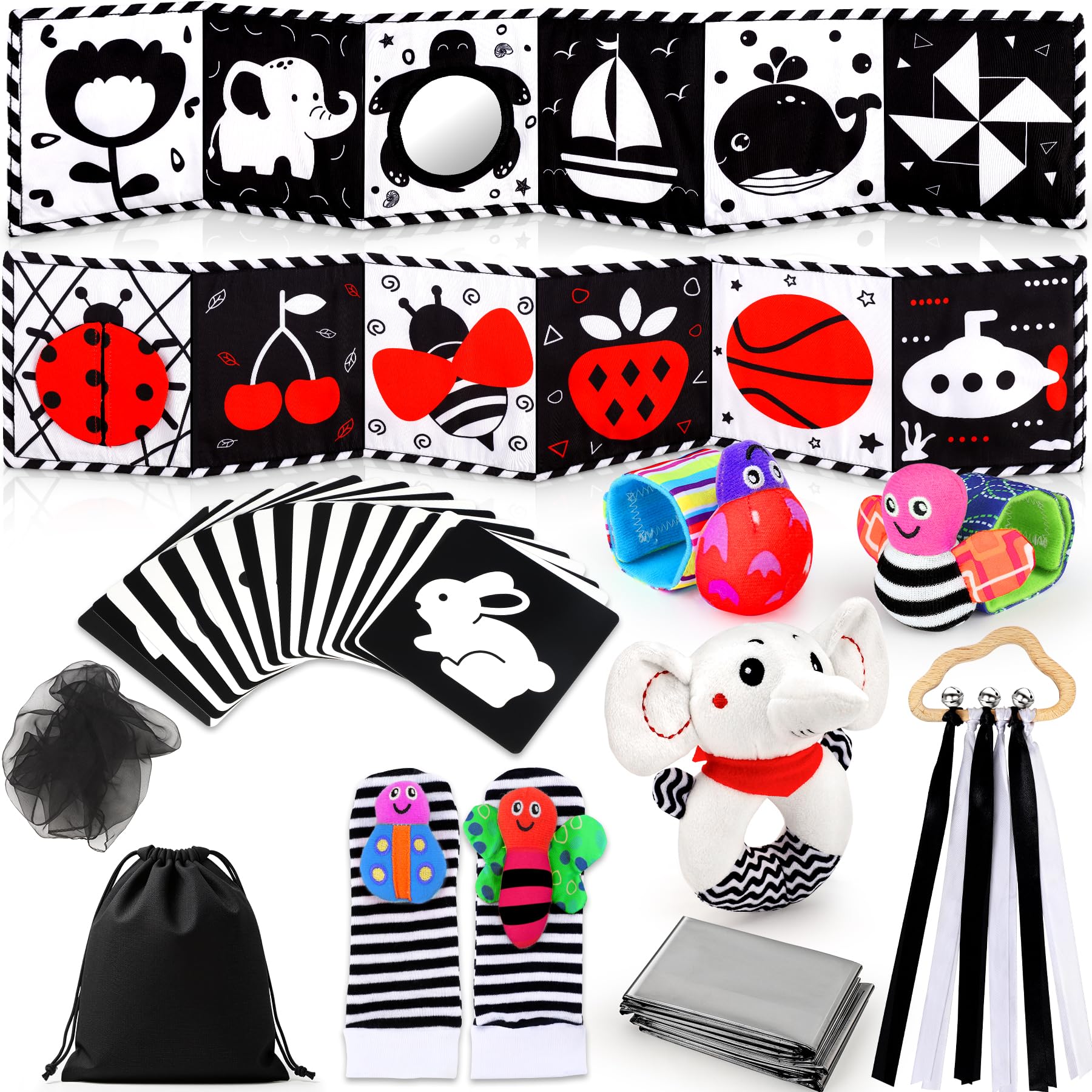 Perbabe Baby Sensory Toys, 31 PCS Black and White Sensory Toys 0-12 Month Newborn Toys with Black&Red Baby Book, Sensory Cards, Ribbon Ring, Foil Blanket, Tummy Time Toy for Baby Gifts