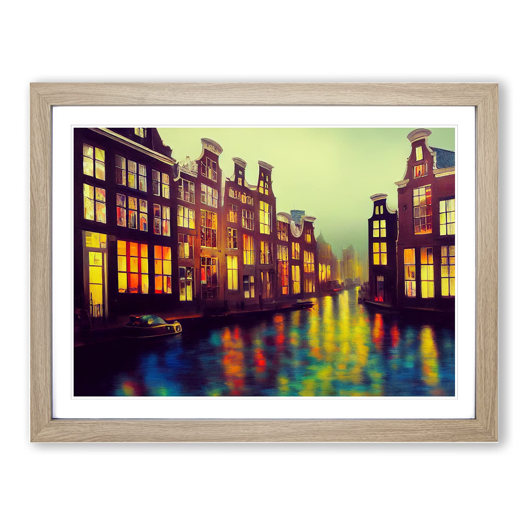 Amsterdam Canal Art Painting Vol.2 Framed Print | A4 Oak Framed Wall Art | Ready to Hang | Modern Historical Picture | Living Room Bedroom Lounge Office