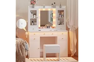 HUANLEGO Vanity Desk with Mirror and Lights, White Vanity Mirror with Lights Desk and Chair &7 Drawers, Cabinets Makeup Vanity Table with with Stool for Bedroom 3 Lights Mode and Brightness Adjusted