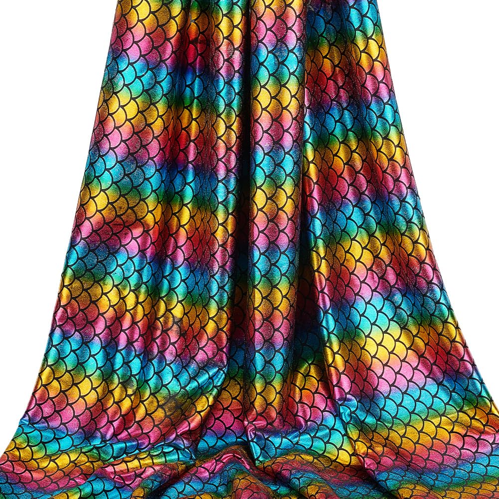 FINGERINSPIRE Mermaid Scales Iridescent Hologram No Stretch Fish Scale Fabric Rainbow Colors Sparkly Spandex Mermaid Printed Stretch Fabric for Clothes Sewing, DIY Craft