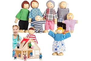 Doll House Family Figures, 8 Pieces Wooden Family Figures, Role Play Bendable Dolls for Bedroom Pretend Play School Home Bedr