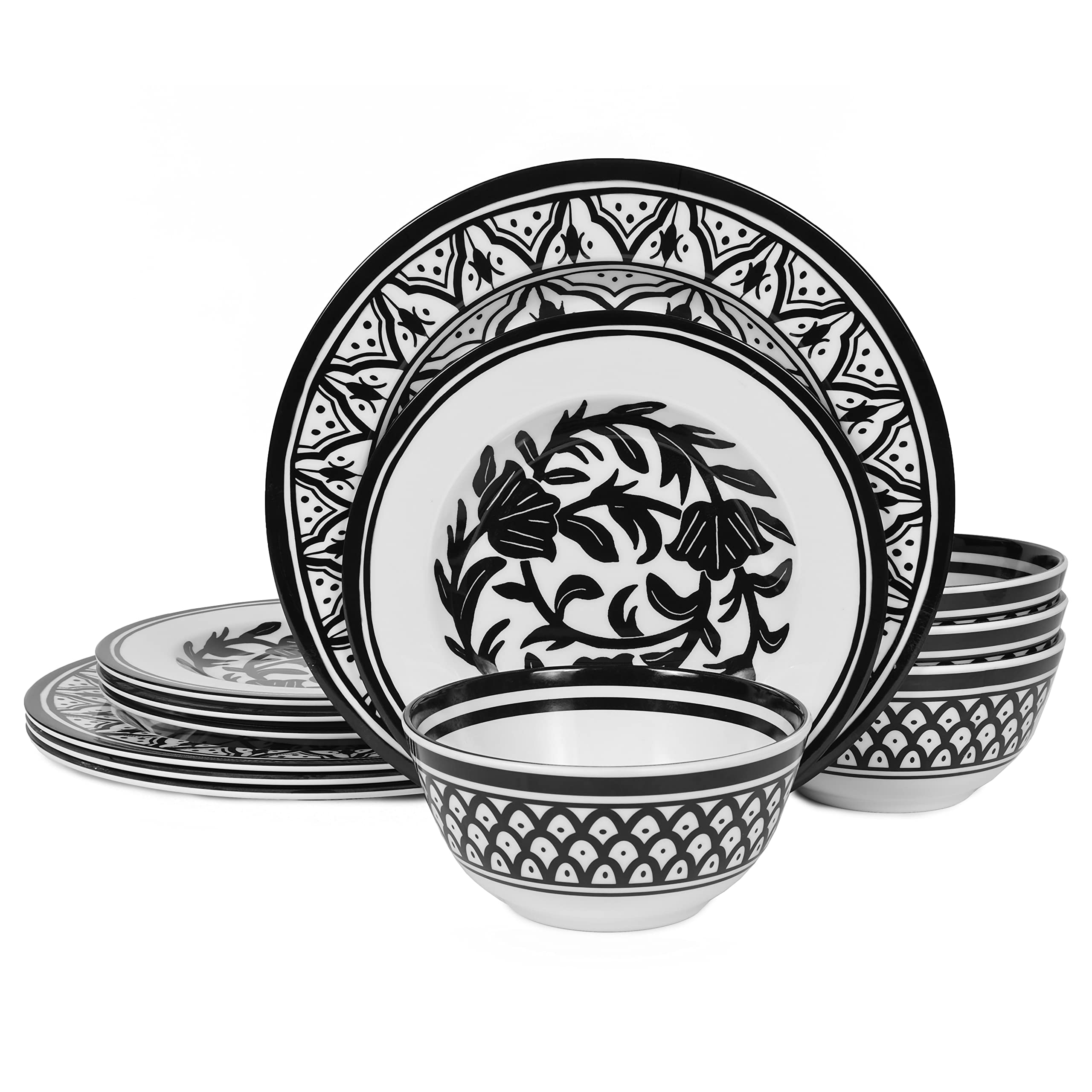Photo 1 of **UNKNOWN IF MISSING PARTS**
Lechoo Melamine Dinnerware Sets-12pcs Melamine Plates and Bowls Set, Unbreakable, Dishwasher Safe, Indoor Outdoor Use, Ideals for Parties, Camping Dish Set, Black and White Pattern