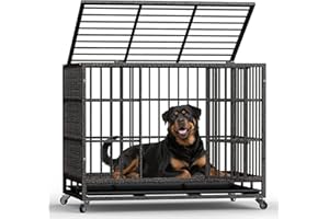 PETORLDOG 48In Heavy Duty Dog Crate, Indestructible Escape-Proof Kennel for Large Dogs, XL Dog Crates, Double Door, with Removable Tray and Wheels, Ideal for High-Anxiety Dogs