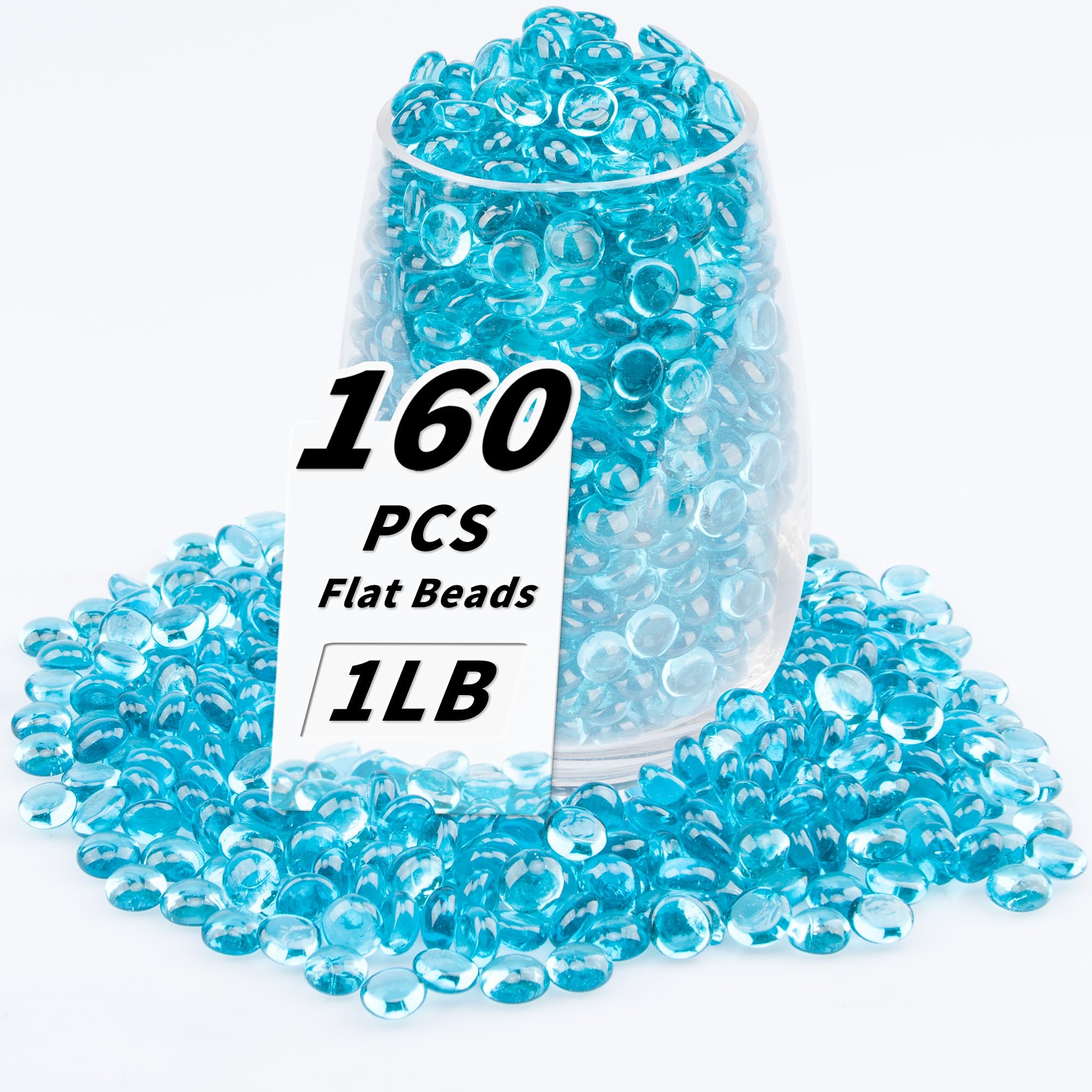 Photo 1 of 1 LB Sea Blue Flat Glass Beads, 160-180PCS Small Glass Marbles, Mini Flat Round Pebbles for Vase Filler and Floral, Fish Tank Rocks Decorative Gemstones for Home and Aquarium Décor