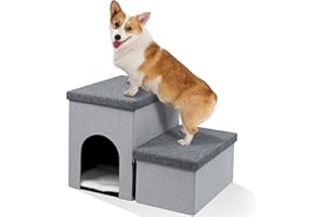 Heeyoo Dog Stairs for Small Dogs, Foldable Dog Steps for Couch and High Bed, 2-Step Pet Stairs with Storage and Pet House, Non-Slip Dog Ramp for Small to Large Dogs and Cats，Up to 150 Lbs
