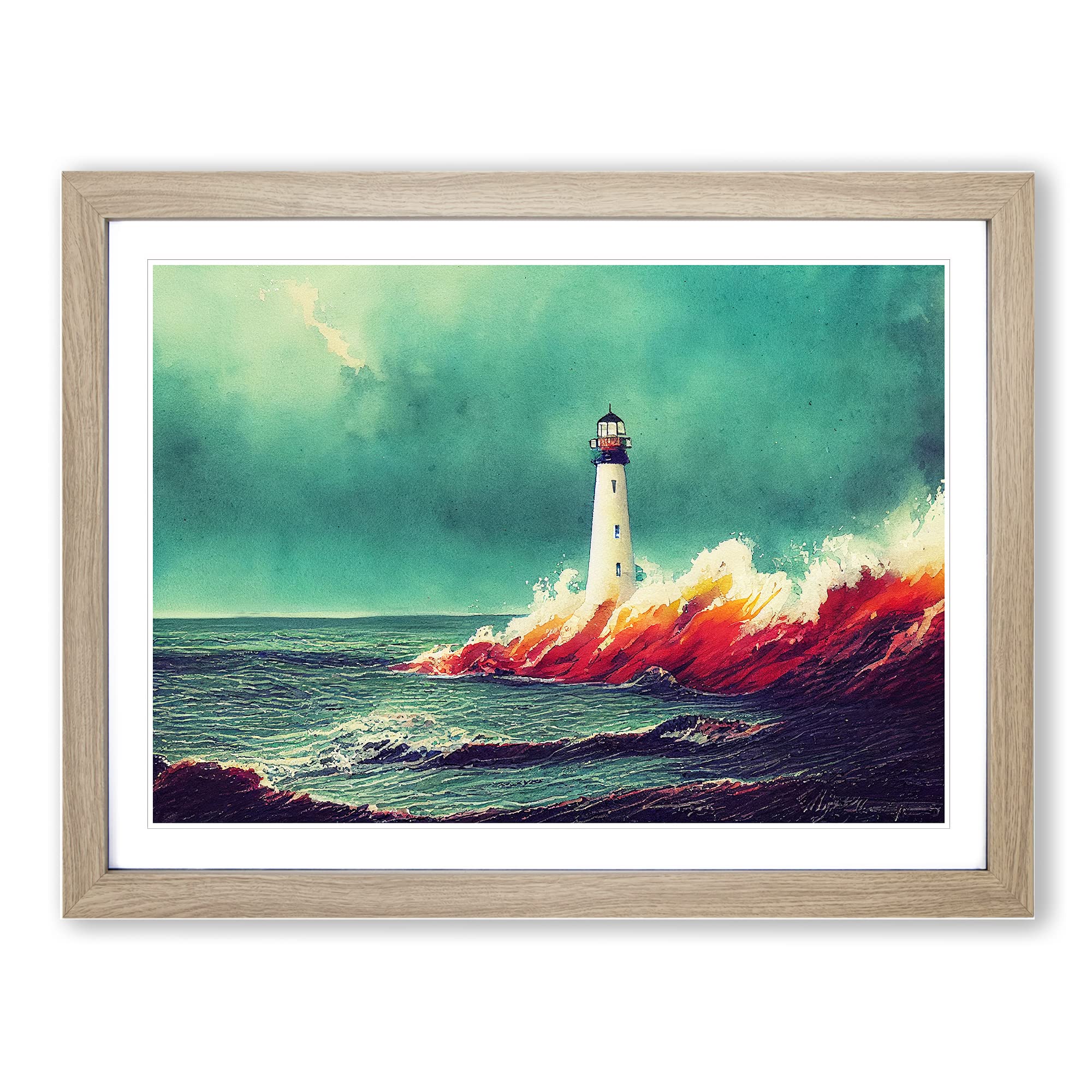Lighthouse In Watercolour Vol.1 Framed Print | A4 Oak Framed Wall Art | Ready to Hang | Modern Cityscape Picture | Living Room Bedroom Lounge Office