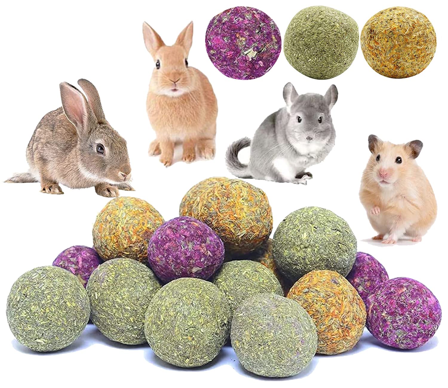 Barley Ears Rabbit Toys Hamster Toys Rabbit Toys Boredom Breaker of Natural Rose Calendula Timothy Hay Balls 3in1 Bunny Chew Toys for Rabbits, Chinchillas, Guinea Pigs, Hamsters Chewing Improve