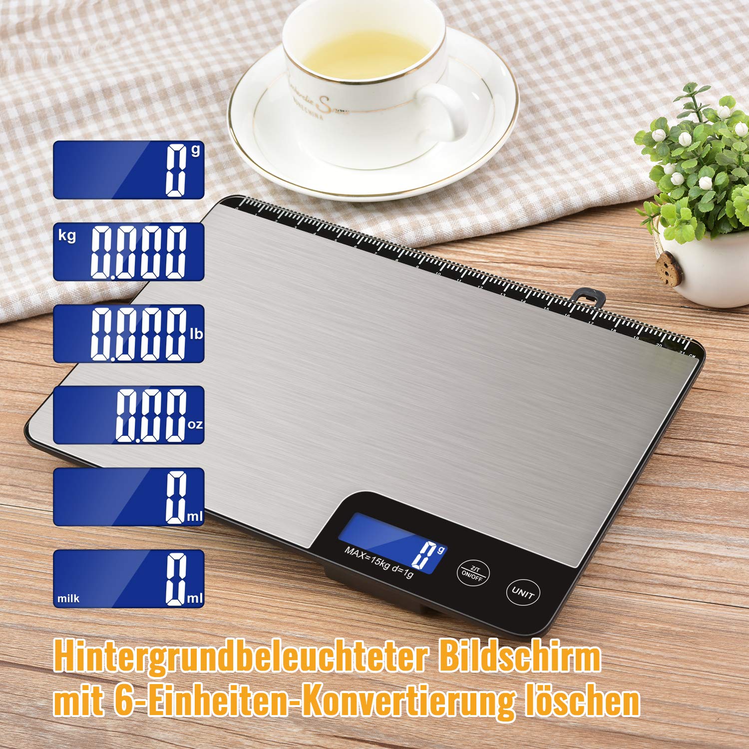 15kg Digitale Küchenwaage mit Lineal, Diyife Professionelle Digital Electronische Waage, Haushaltswaage aus Edelstahl, LCD-Anzeige, aufhängbar, 6 Einheiten, Tara-Funktion, mit Batterien 7