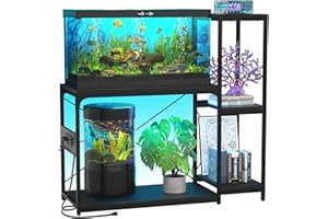 Hyomdeck 20-29 Gallon Fish Tank Stand with Power Outlet & LED Light, Reversible Wood Aquarium Stand with Shelves for Fish Tank Accessories Storage, Metal Frame, Turtle/Reptile Terrarium Stand, Black