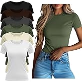 Neer 6 Pack Fitted Basic T-Shirts for Women Bulk, Tight Crewneck Short Sleeve Tops Multipack Slim Casual Summer Tees Blouse