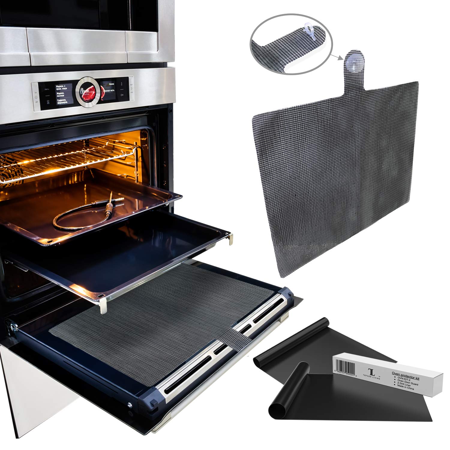 Universal Silicone Oven Door Mesh Splash Guard Shield Complete with 2 Premium Non Stick Oven BBQ Liners, Heavy Duty, Reusable, Barbecue Grill Cooker Liner Protector Sheets