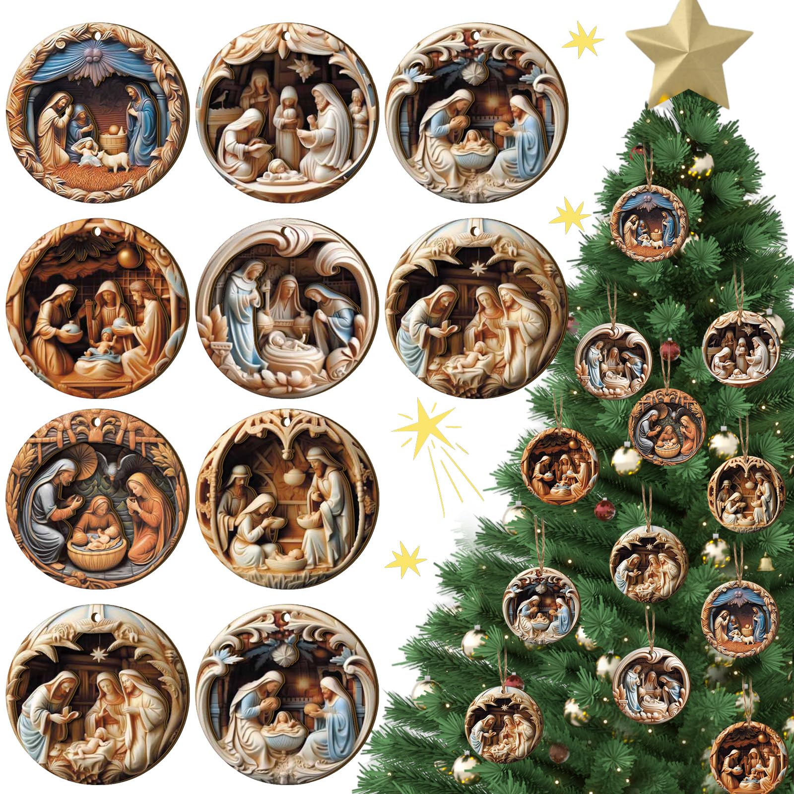 Photo 1 of BBTO 16 Pcs Nativity Scene Ornaments Religious Christmas Wooden Hanging 3D Ornament The Birth of Jesus Christian Christmas Decorations for Tree Xmas(Nativity)