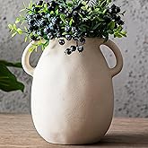 Kimdio White Ceramic Vase with 2 Handles – Sand-Glazed Clay Pottery Vase for Dried Flowers, Rustic Modern Table Decor, Farmhouse Boho Shelf Decoration