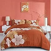Menghomeus Burnt Orange Comforter Set Queen Gold Floral Comforter Terracotta Botanical Bedding Sets Soft Microfiber Thanksgiving Bed Comforter Set for All Season (1 Comforter, 2 Pillowcases)