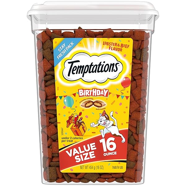 TEMPTATIONS BIRTHDAY CRUNCHY AND SOFT CAT TREATS, LOBSTER AND BEEF FLAVOR, 16 OZ. TUB