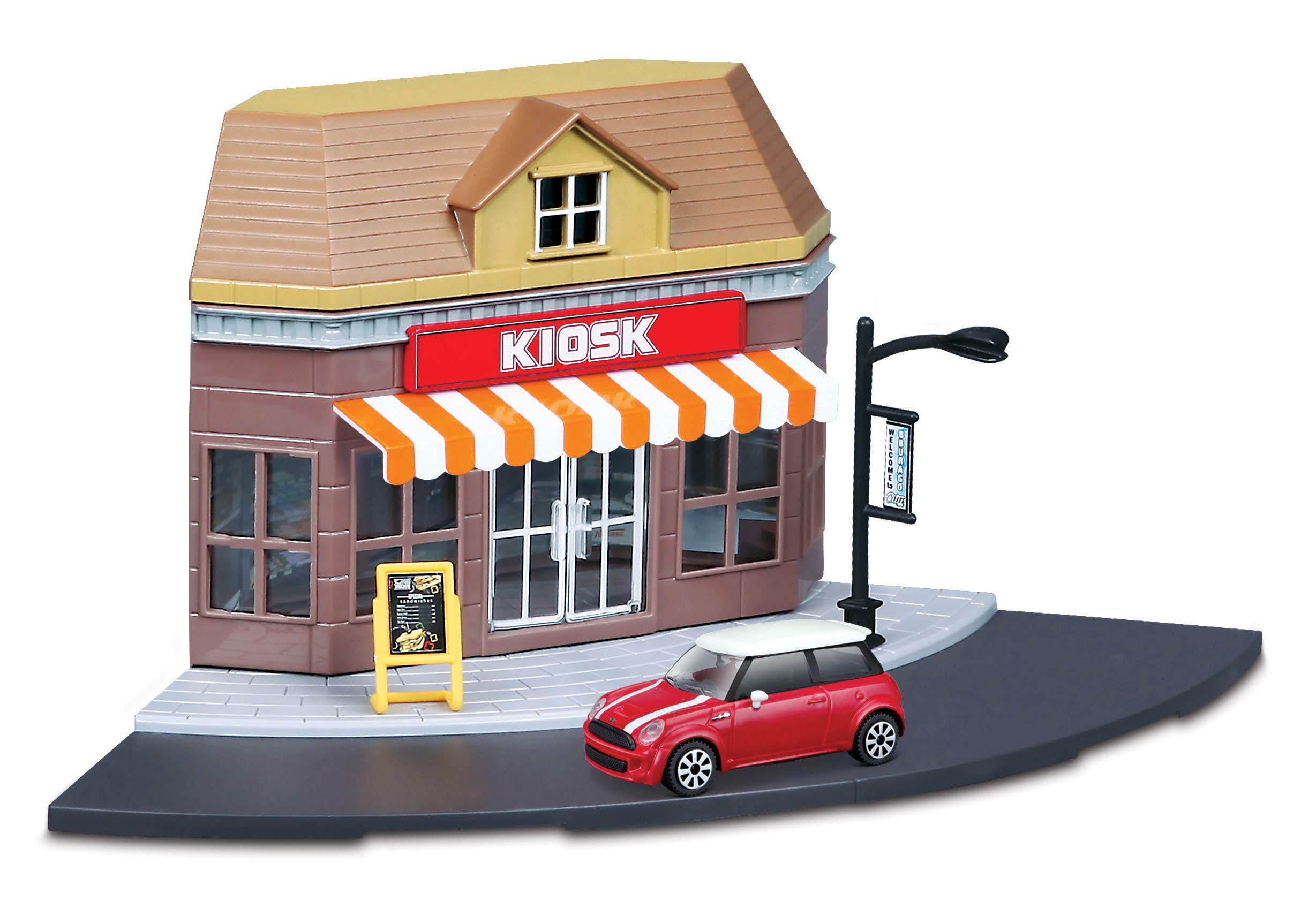 Bburago STREET FIRE CITY KIOSK STORE Playset with Mini Cooper Die-Cast Car - 1:43 Scale