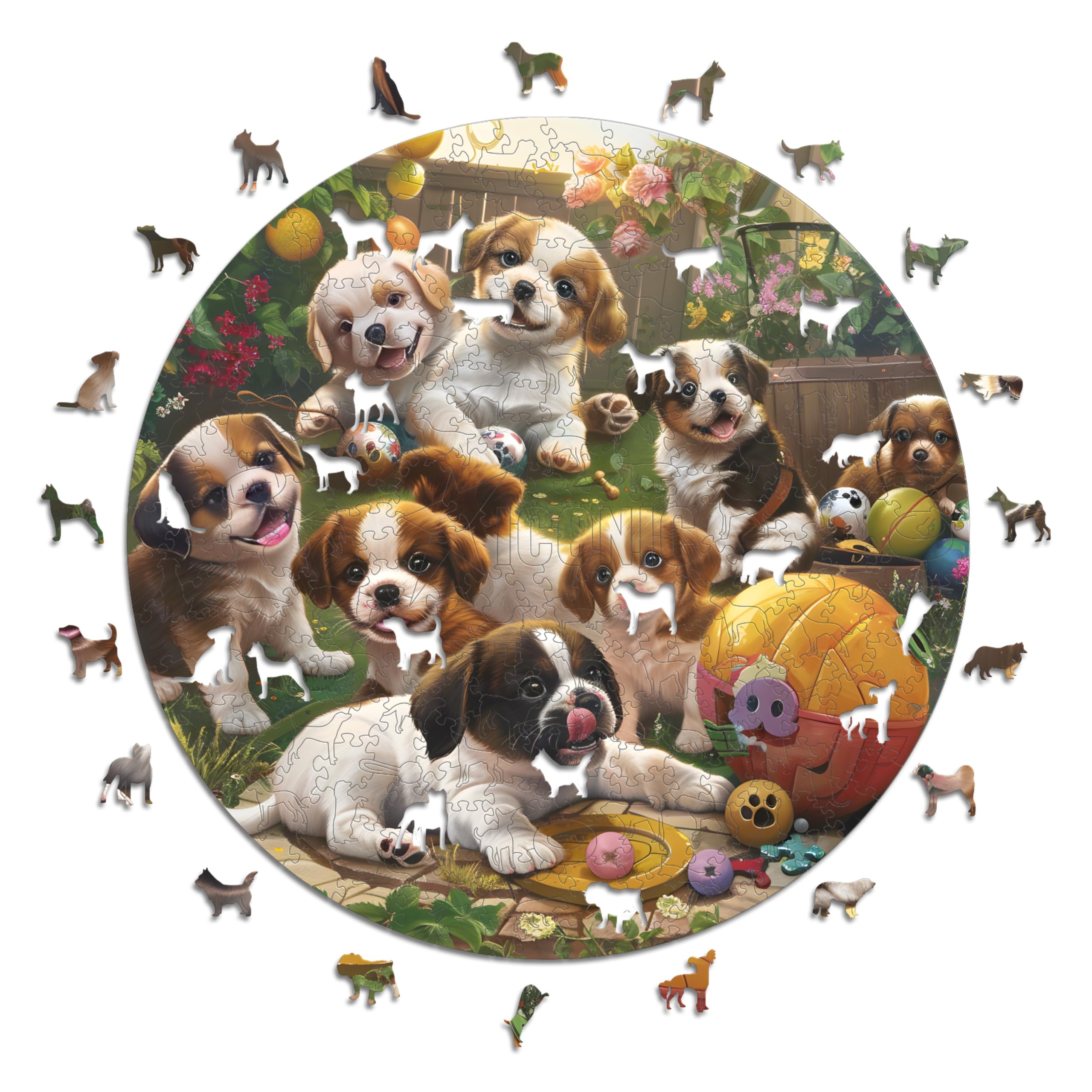 Iconic Puzzles - Puppies in the Garden, fantasy animals, 100% sustainable wooden puzzle, Gifts for Children and Adults, size S, 200 Pieces — image 1