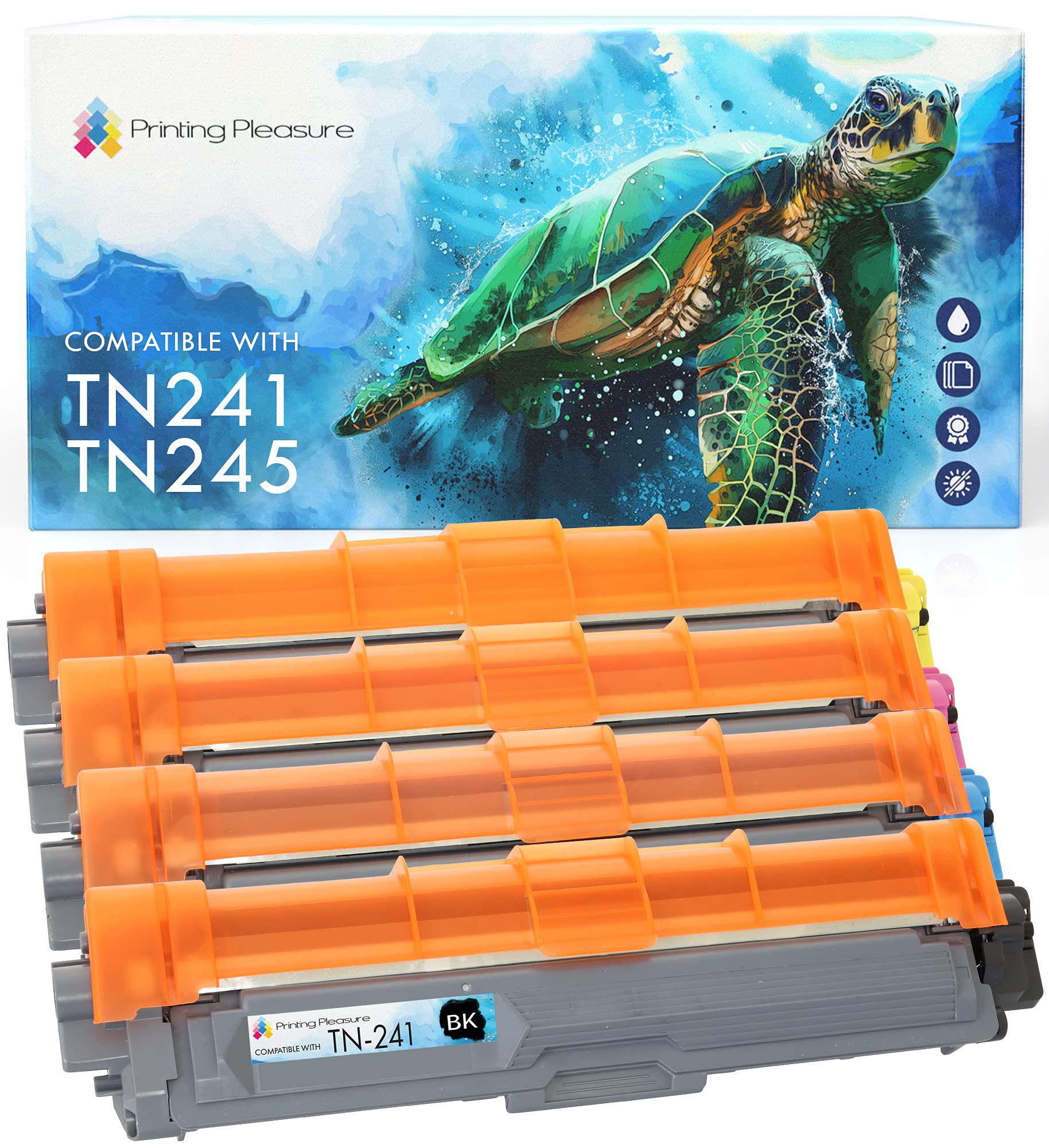 Printing Pleasure 4 (FULL SET) TN-241 TN-245 Toner Cartridges compatible with Brother DCP-9020CDW MFC-9140CDN MFC-9330CDW 9340CDW HL-3140CW HL-3150CDW 3170CDW - Black/Cyan/Magenta/Yellow, High Yield