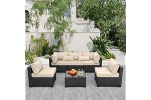 RATTANER Patio Sectional 6 Pieces All-Weather Wicker Patio Furniture Set Outdoor Sectional with Glass Patio Table Non-Slip Cushions and Waterproof Covers, Khaki