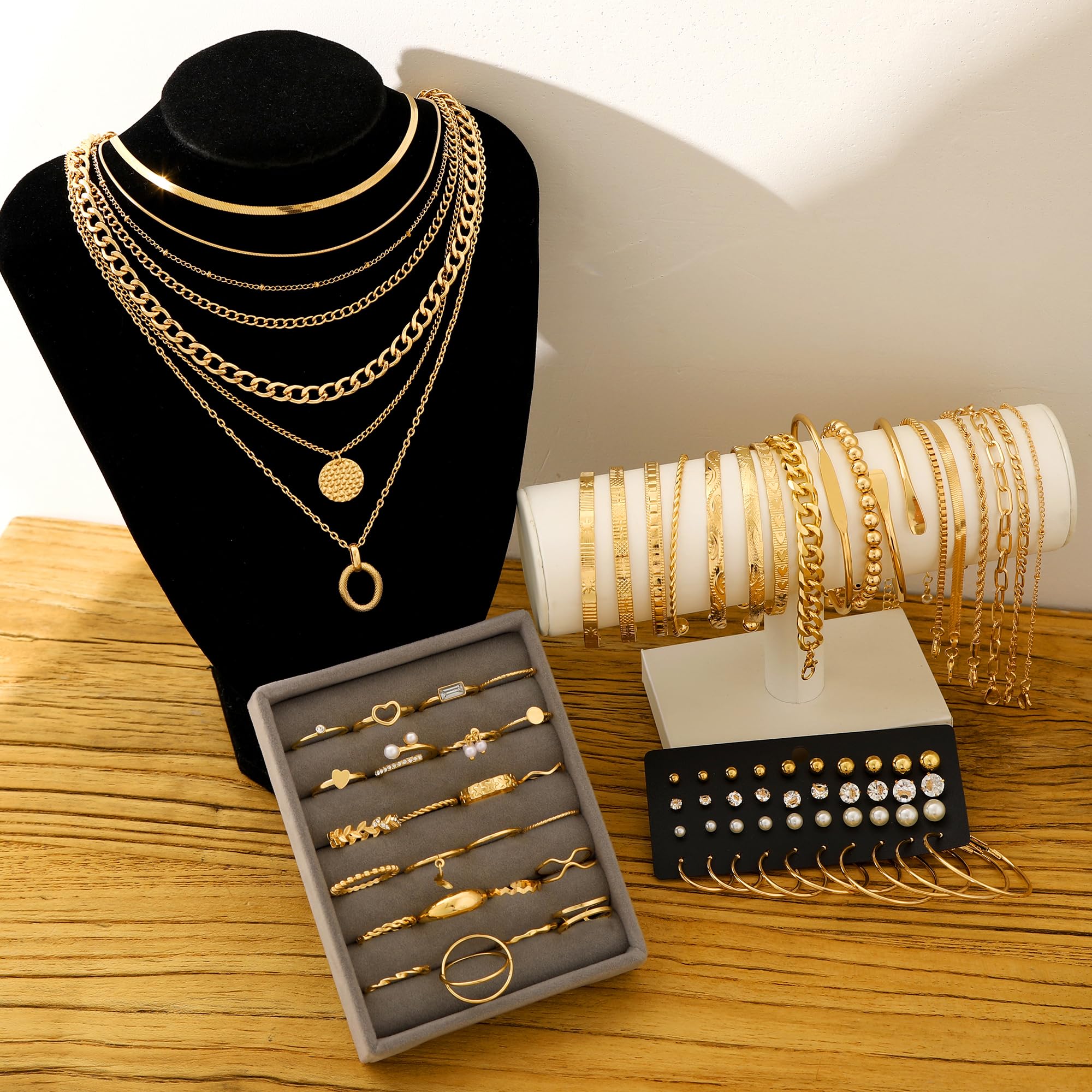 FAXHION 68 Pcs Gold Jewelry Set for Women with 7 Necklace, 17 Bracelet, 5 Hoop Earrings, 15 Stud Earrings, 24 Knuckle Rings for Women Jewelry Set for Women