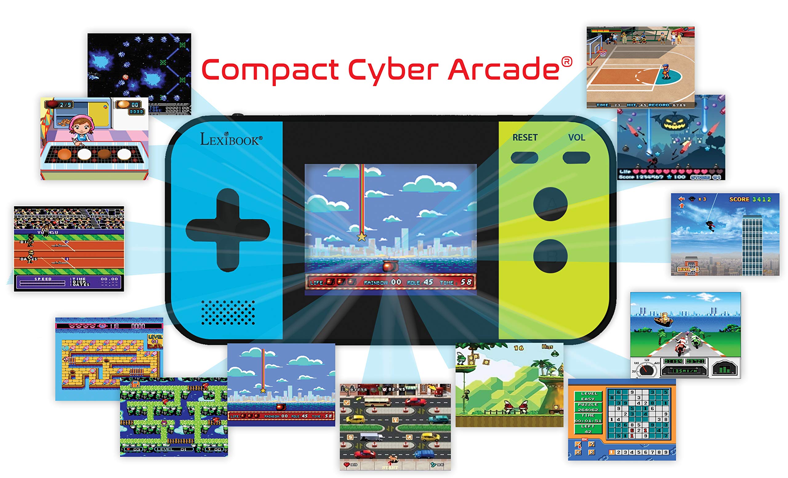 Lexibook Compact Cyber Arcade Portable Gaming Console, 250 Gaming, LCD, Battery Operated, Video Game for Children, Black/Blue/Green, JL2377