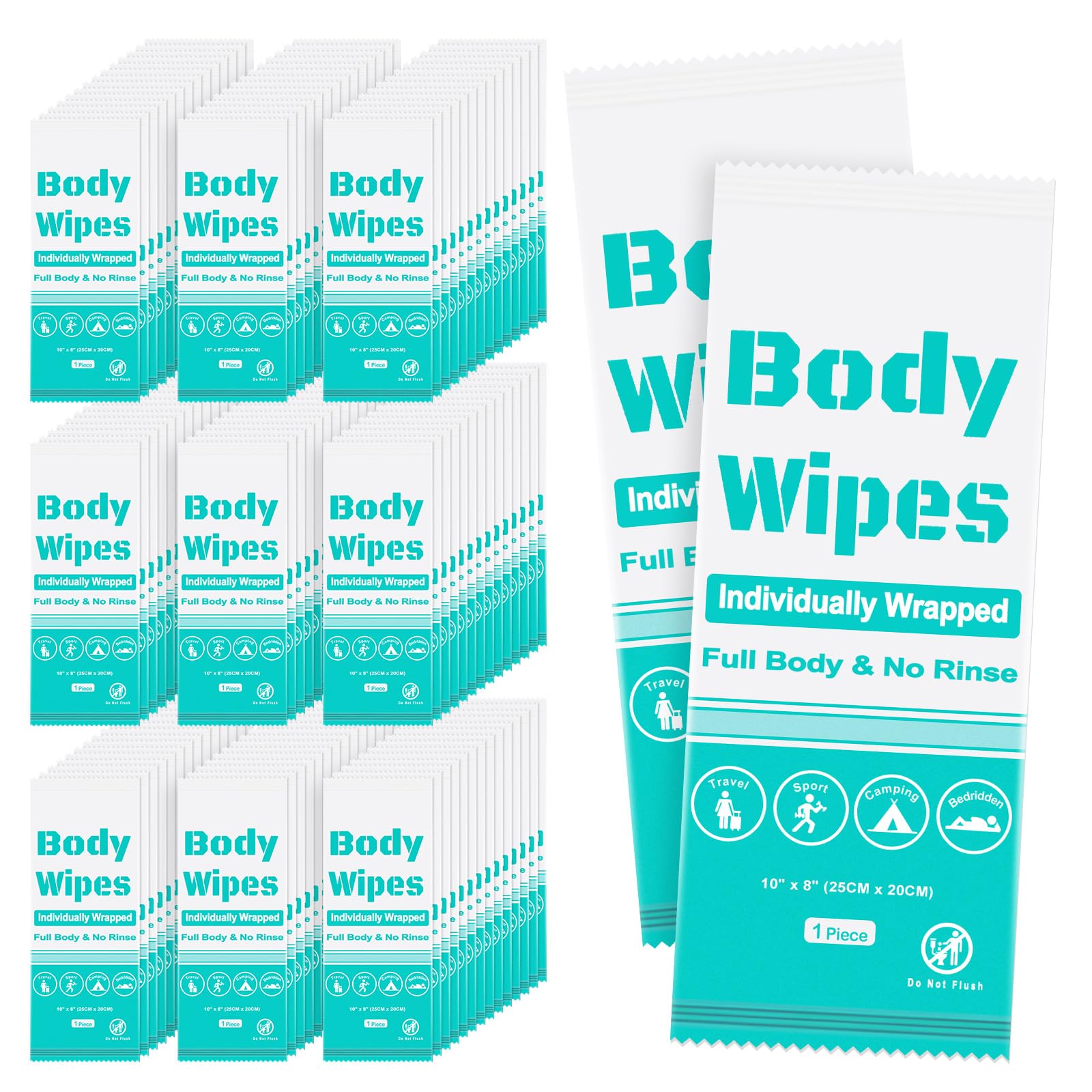 Photo 1 of 100Pcs Disposable Body Wipes, 7.8 x 9.8 inch Individually Wrapped Bath Wipes for Women and Men, No Rinse-Free Large Body Bath Shower Wipes for Home Travel Hotel Outdoors Camping After Gym (Light Blue)
