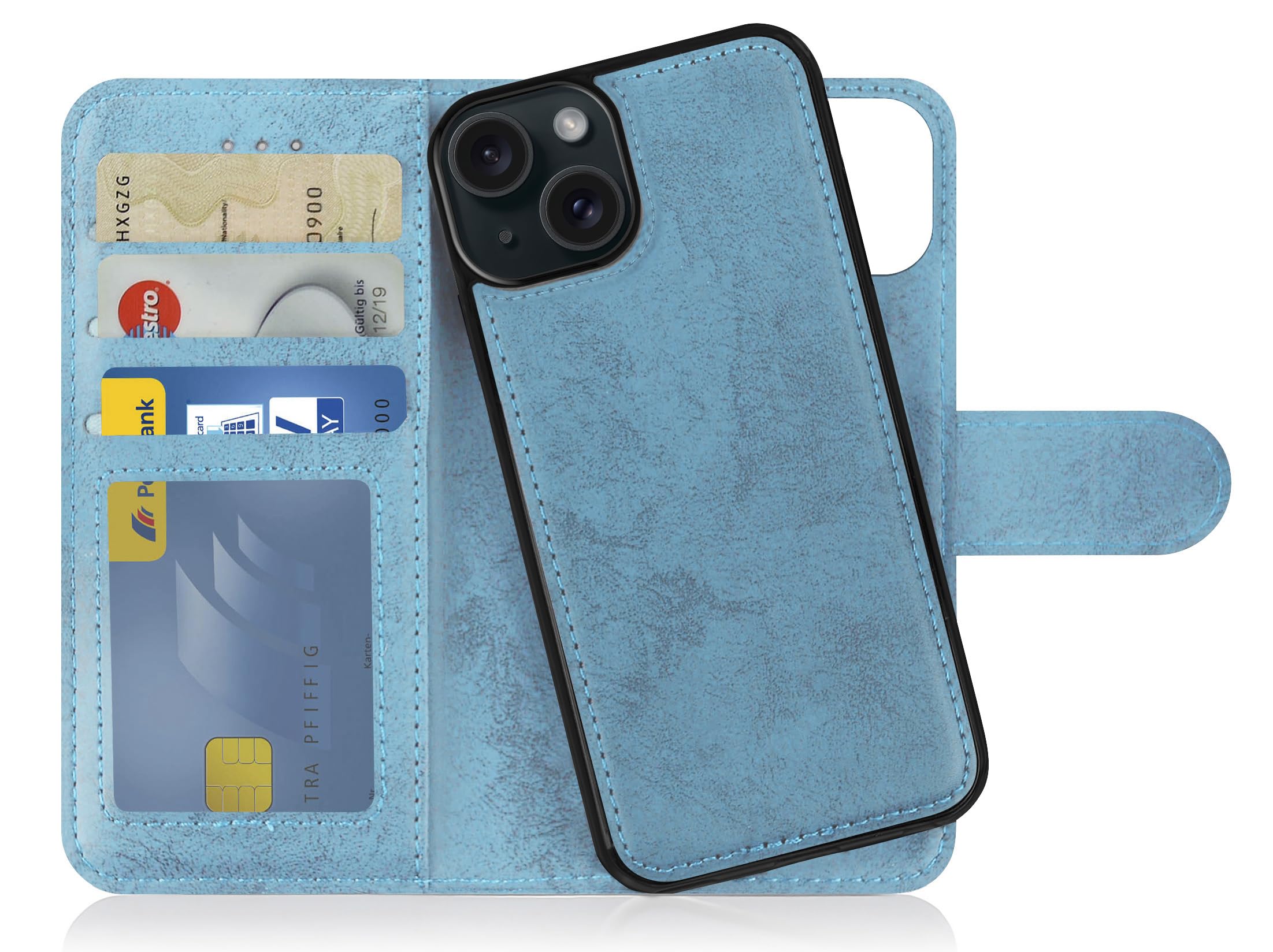 MyGadget Flip Case for iPhone 15 - [ Removable Magnetic Cover ] - PU Leather Phone Case - [ Cover with Card Slot ] Protective Shell in Light Blue