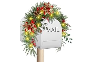 DR.DUDU Christmas Mailbox Swag with Lights – 3 FT Prelit Outdoor Swags Garland with Timer, Flowers & Pine Cones for Porch, Home and Outside Entryway Holiday Decorations