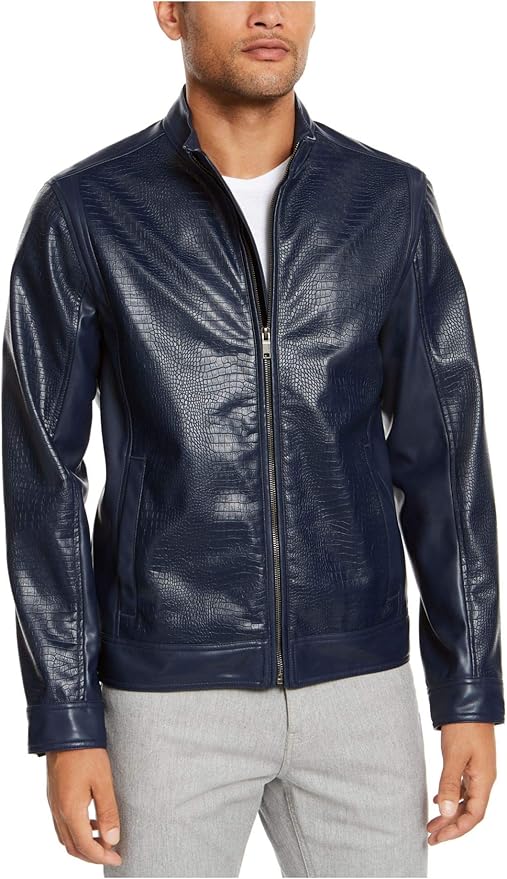 Alfani Men's Faux-Leather Jacket Blue Size Small at Amazon Menâs Clothing store
