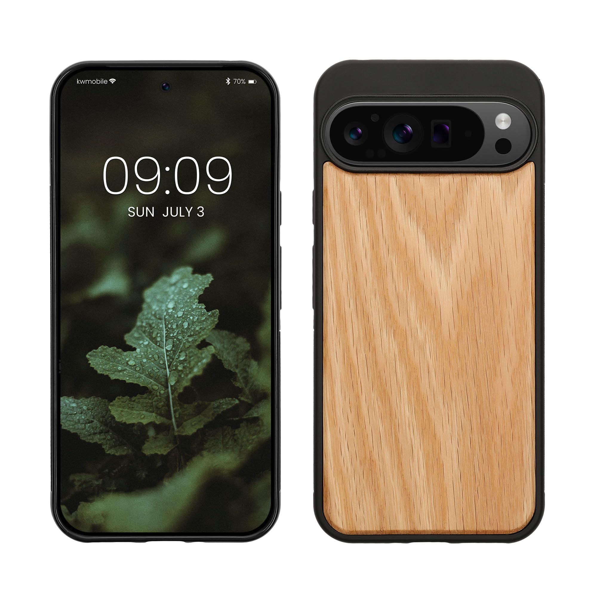 kwmobile Real Wood Case Compatible with Google Pixel 9 Pro XL Case - Hard Wooden Cover w/TPU Bumper - Light Brown/Brown oak