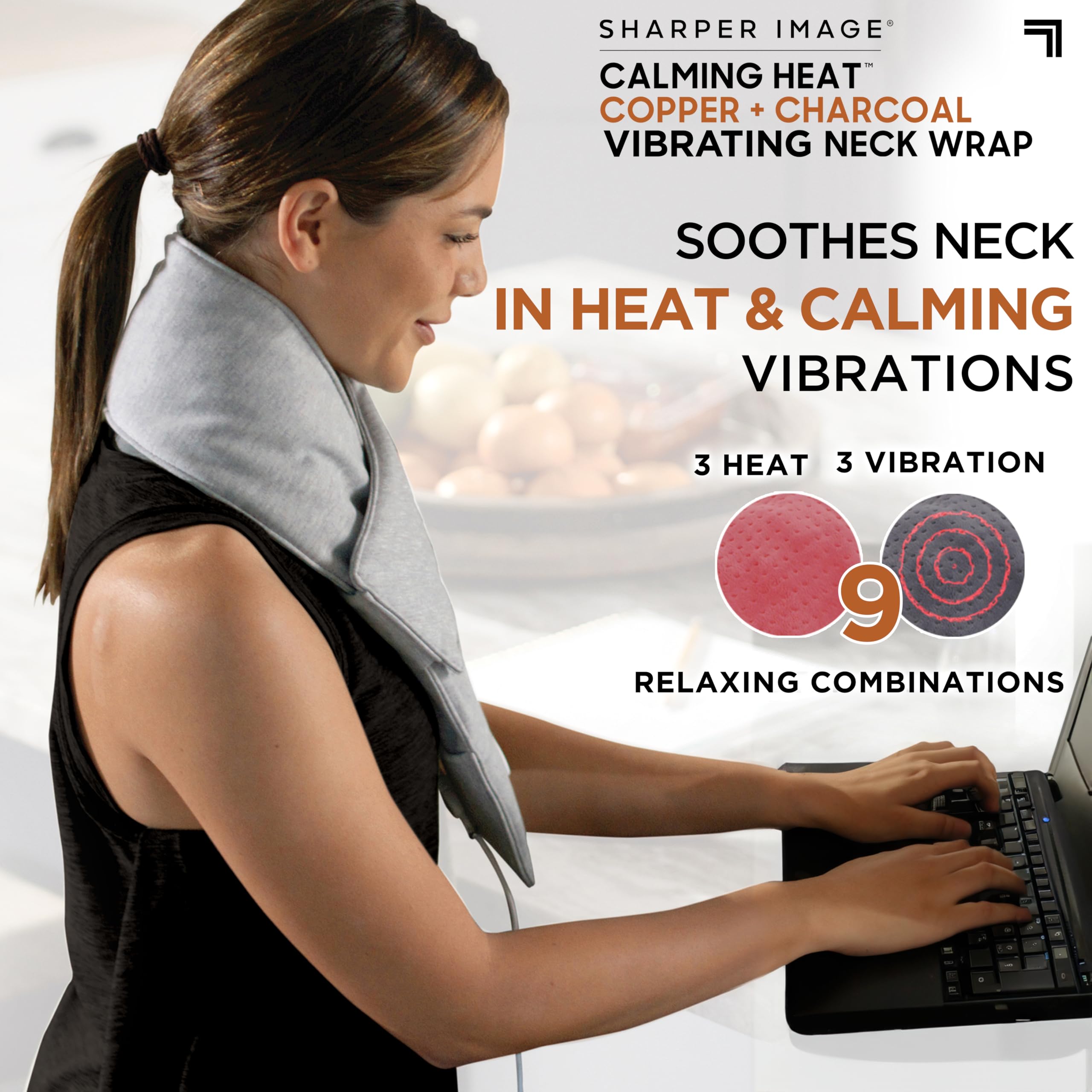 Calming Heat Neck Wrap Includes Portal Power Pack by Sharper Image Copper & Charcoal Infused Personal Electric Neck Heating Pad with Vibrations, 3 Heat & 3 Vibration Settings- 9 Relaxing Combinations