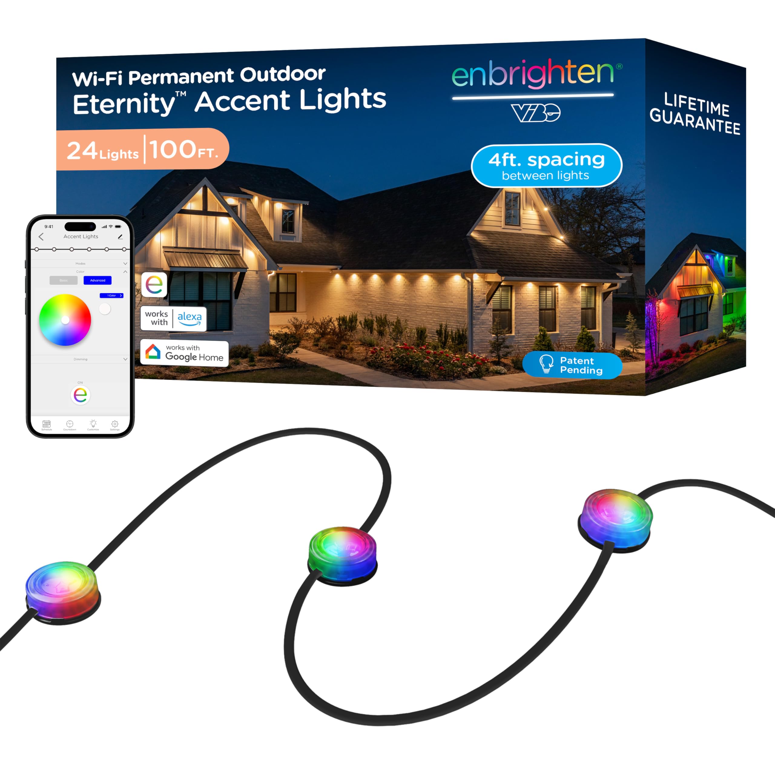 Photo 1 of Enbrighten Vibe Eternity Accent Permanent Outdoor Lights for House, 100ft, 24 RGBWIC LEDs, Wide Spacing, 94lm, Tunable White, Everyday Eave Lighting, Smart App, Works with Alexa, Google Home, 85714