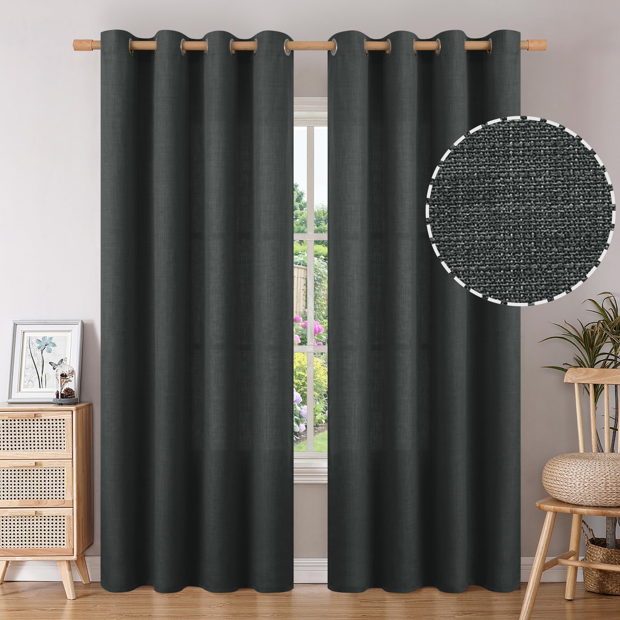 Photo 1 of BGment Faux Linen Curtains for Living Room 84 Inch Length 2 Panels Set, Burlap Textured Thick Long Curtains Light Filtering Privacy Window Drapes with Grommet, 52 Inch Wide Each Panel, Dark Grey