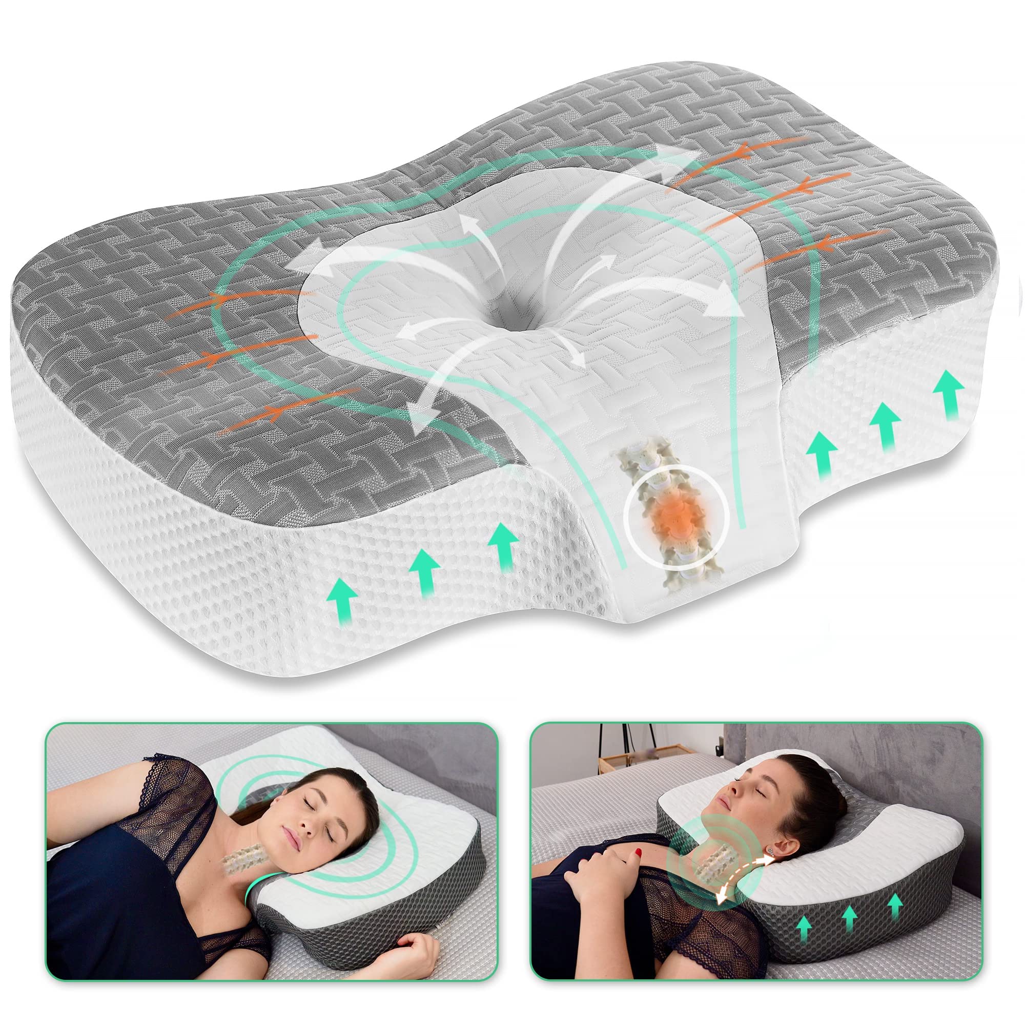 Elviros Cervical Memory Foam Neck Pillow for Side Sleeping, Orthopedic Pillows for Back and Stomach Sleepers, Adjustable Ergonomic Bed Pillow Pain Relief (Grey)