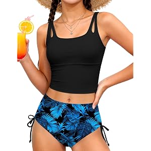 Aulyffo Girls Tankini Swimsuit 2 Piece Bathing Suits for Girls Swimwear Set | 2 Piece Tankini,Tropical Print,Solid Swim Tank