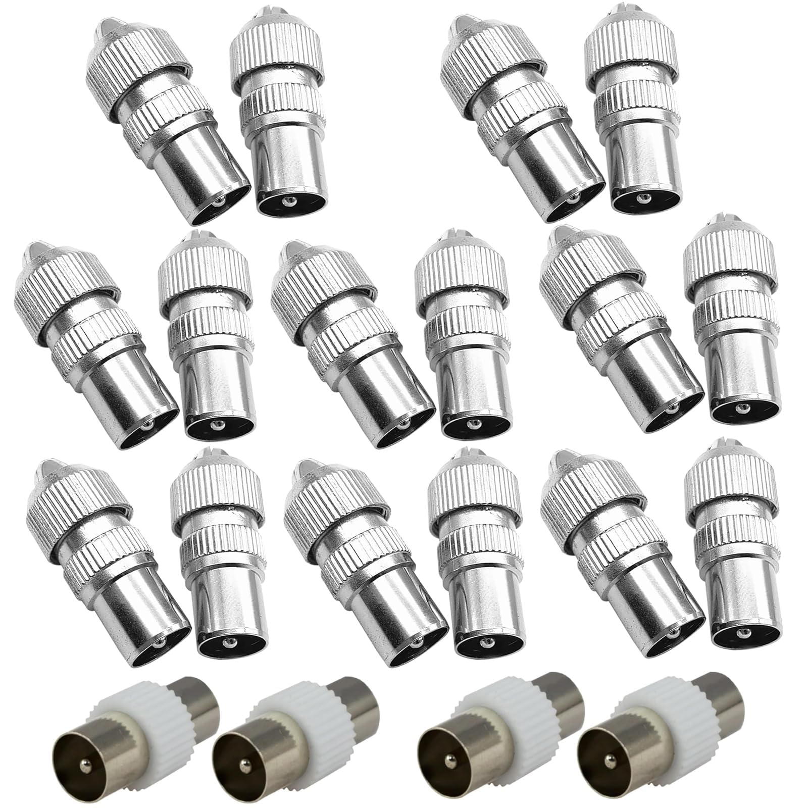 QXCFTW 20pcs TV Aerial Connector, Coax Connectors, TV Ariel Connections, 4 Female to Female, 16 Male Coaxial, for use with Satellites, Internet Cables, Antenna Cables, Audio-Visual Equipment