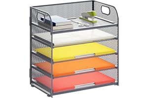Lavatino 5 Tray Desk File Organizer, Mesh Paper Sorter Letter Tray Organizer with Handle, Desktop File Organizer and Storage for Letter/A4 Office File Folder- Grey