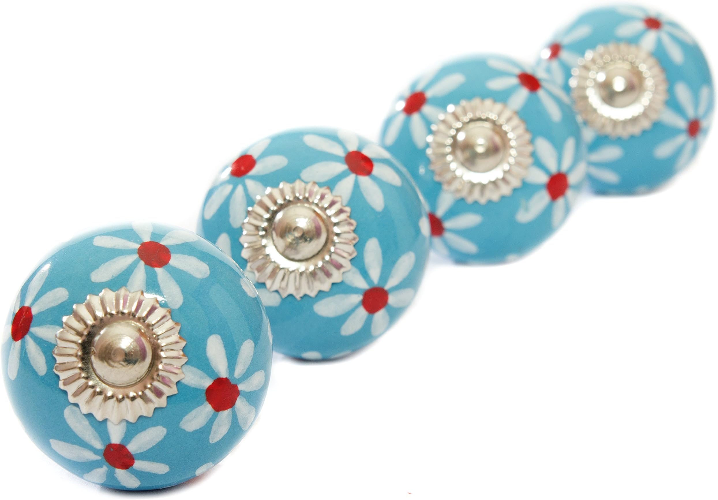 PRETTY Daisy CERAMIC Door Knobs/Drawer Pulls from INDIA. SET of 4. (BD01)