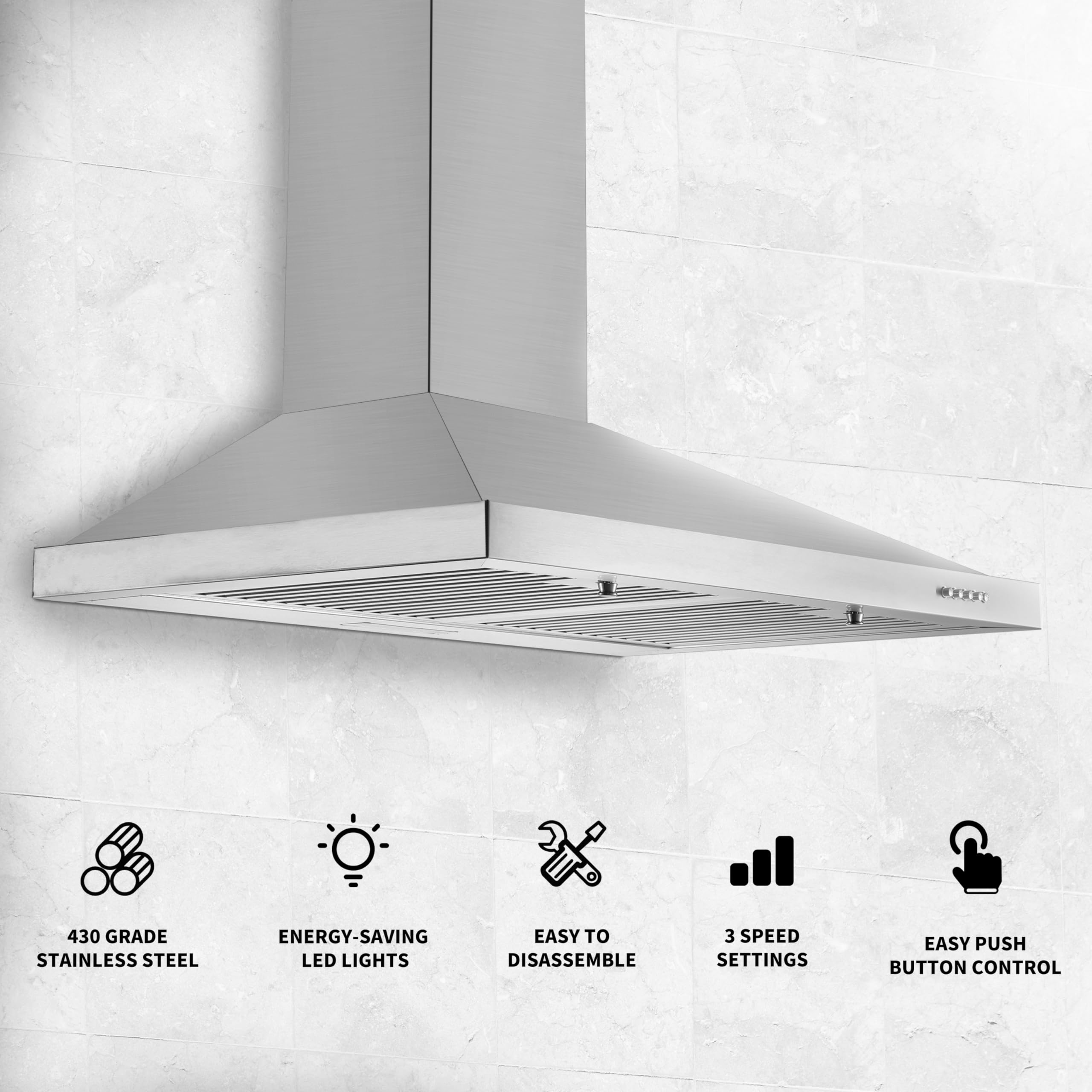 Range Hood, Range Hoods 30 inch Stainless Steel, 450 CFM Kitchen Hood with LED Light Baffle Filters, 3 Speed Exhaust Fan Vent Hood