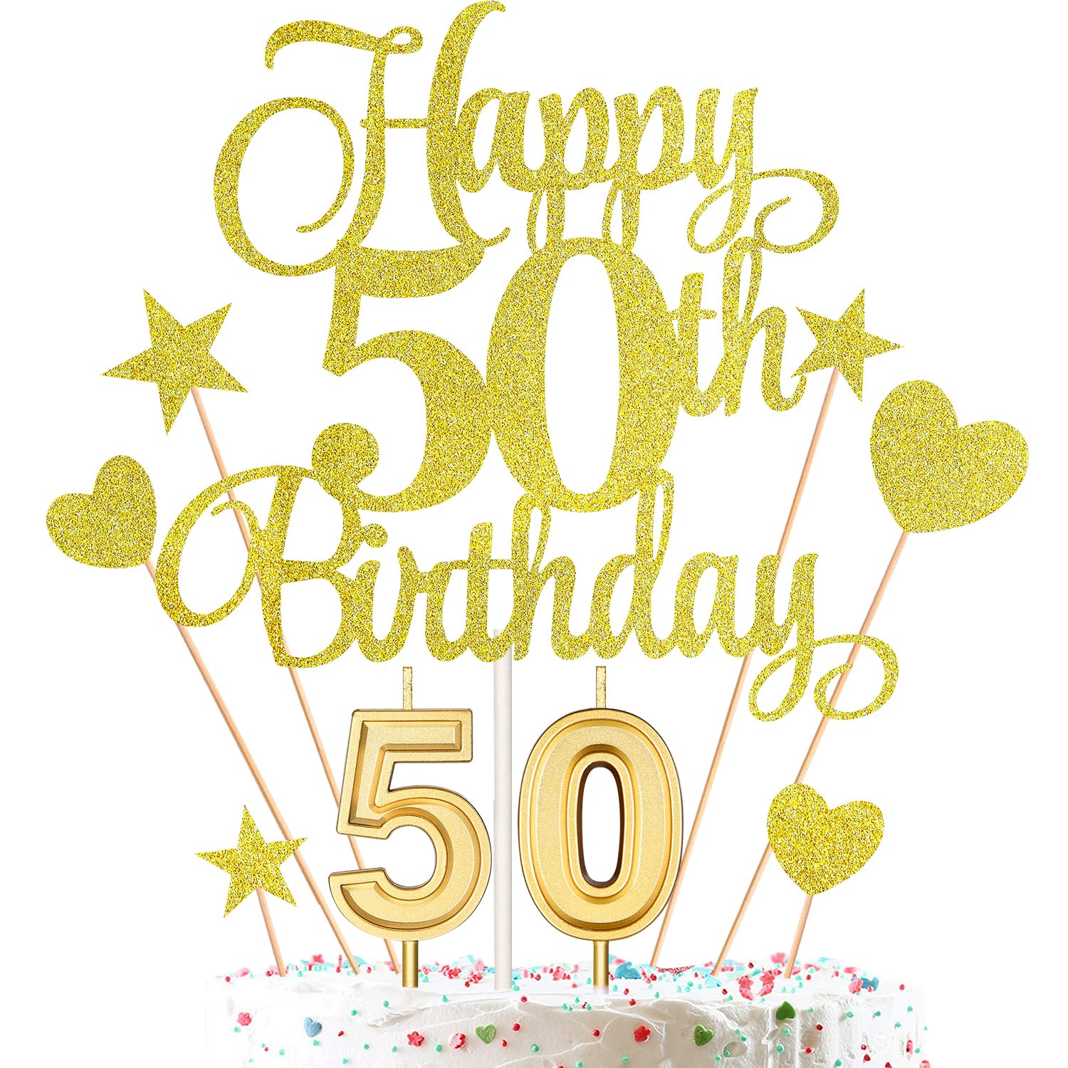 Photo 1 of 50th Birthday Cake Decorations Set Include 50th Birthday Candles Numeral 50 Cake Candles and Happy 50th Birthday Cake Toppers with Heart Star Cupcake Picks for Birthday Party (Gold Series)